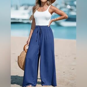 Long Length Elegant Wide Leg Pants - Soft Polyester, Fake Drawstring, Loose Fit